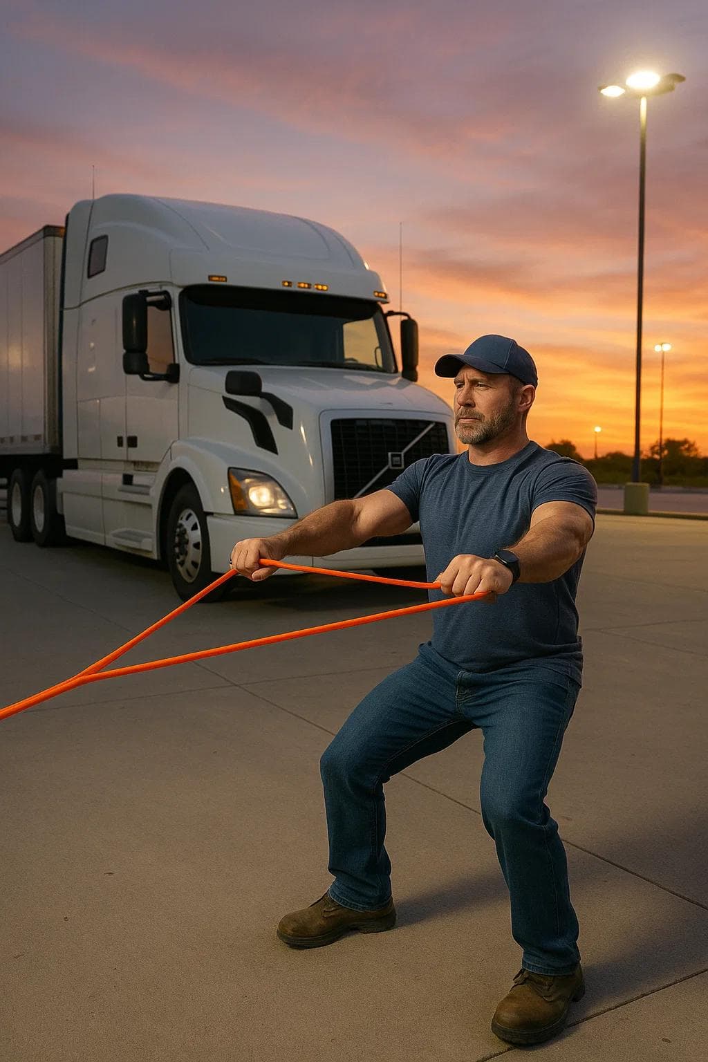 Truck driver performing resistance band workout in a secure, well-lit parking lot at sunset.