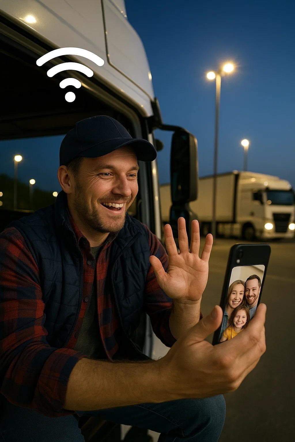 Truck driver video calling family from a quiet, well-lit parking lot with strong WiFi signal.