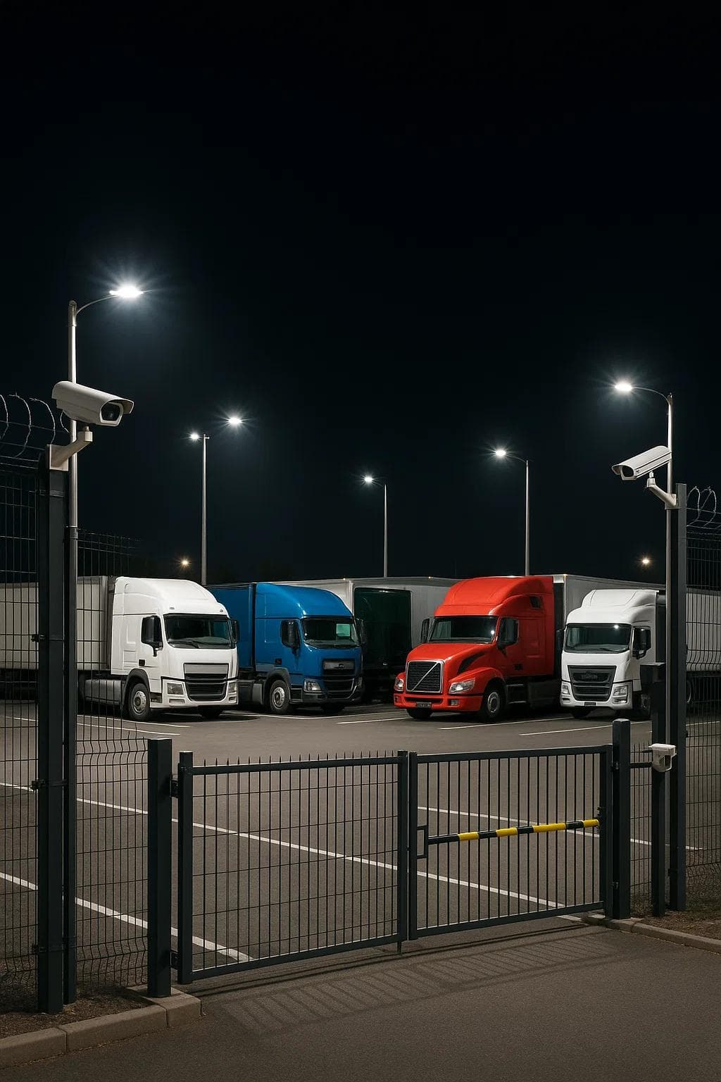 A well-lit, fenced truck parking facility with security cameras and controlled gate access at night.