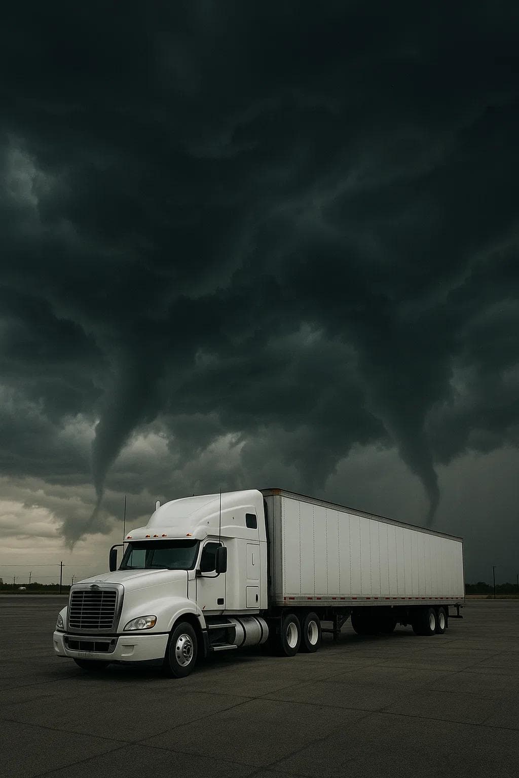 A semi-truck parked in an open lot under a dark, stormy sky with visible funnel clouds forming in the distance.