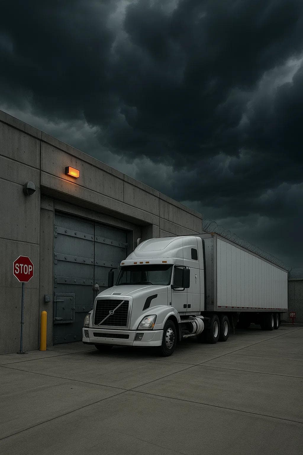 A semi-truck safely parked in a reinforced facility with storm clouds approaching, showing emergency preparedness features.