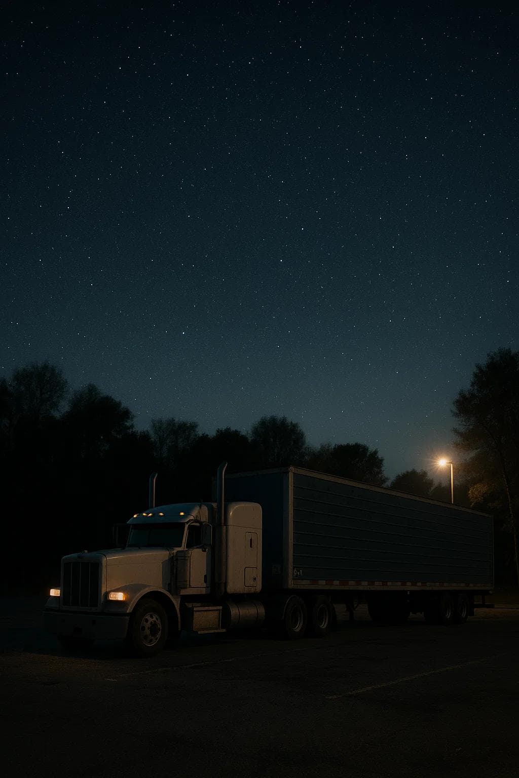 A parked semi-truck at a quiet, rural truck parking lot under a night sky with minimal lighting.
