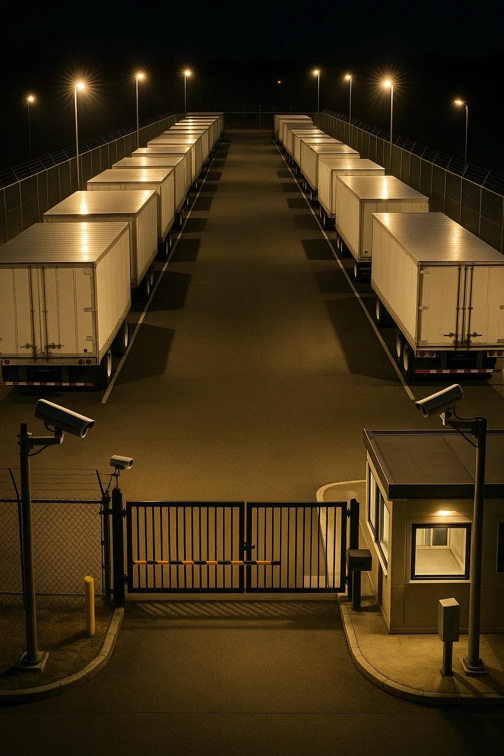 Overhead view of a well-lit, fenced truck parking facility with surveillance cameras and security gates at night.