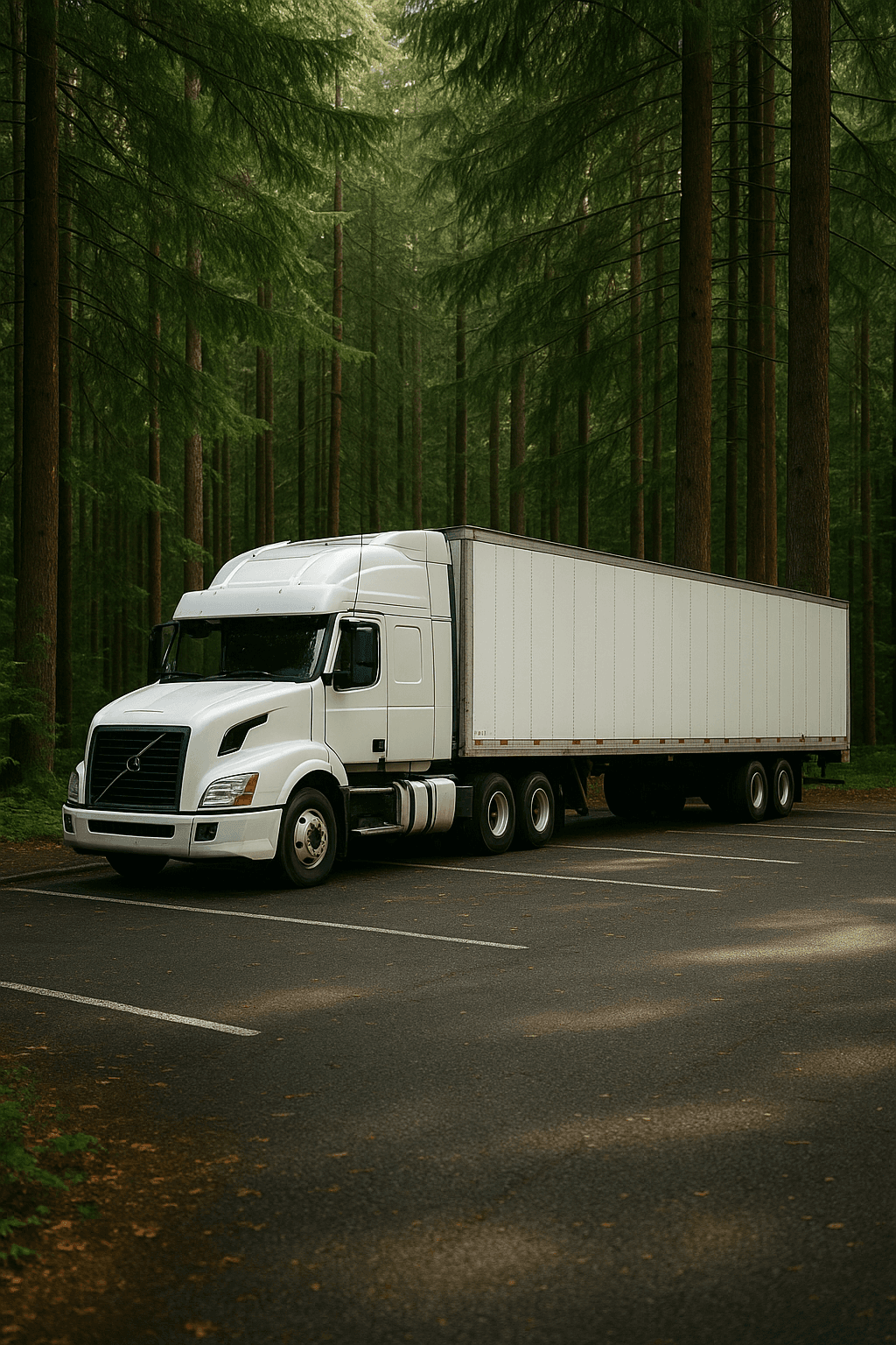 Aerial view of a secure truck parking facility in North Georgia with multiple fleet vehicles neatly parked in reserved spaces.