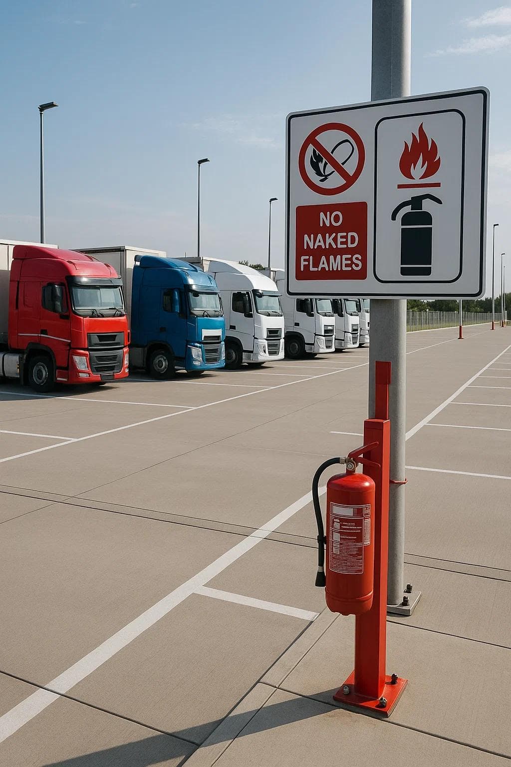 Professional image of a well-maintained truck parking facility with wide spacing, fire extinguishers, and clear safety signage.
