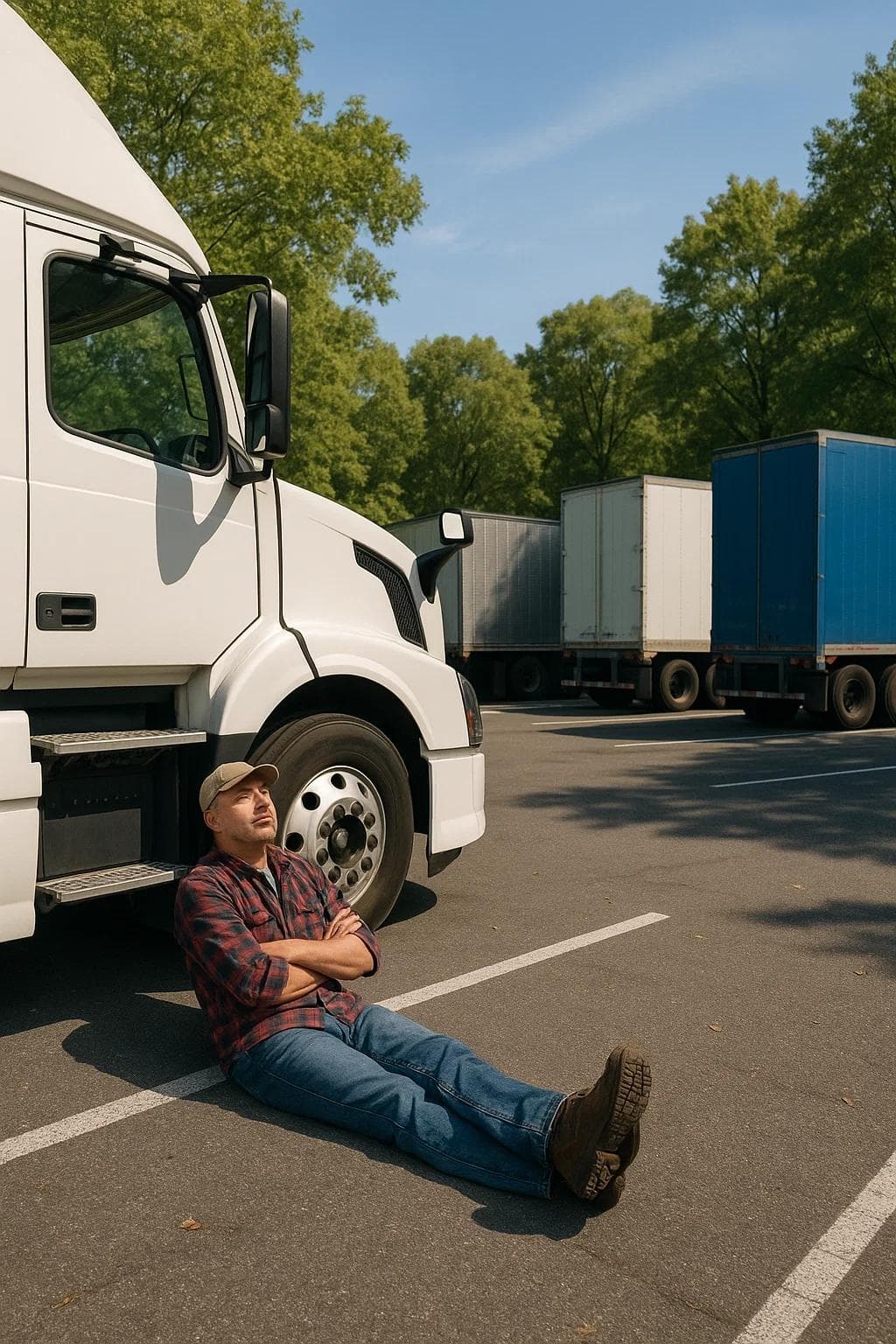A peaceful truck parking lot surrounded by trees, with a driver resting outside his cab under clear skies, symbolizing mental wellness.